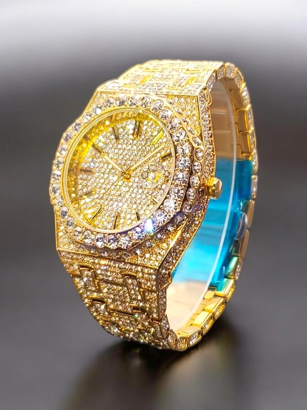 Men/Women Gold Finish Hip Hop Ice Out Watch Fashion Calendar Quartz